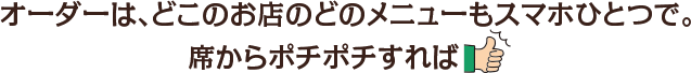 オーダーは、どこのお店のどのメニューもスマホひとつで。席からポチポチすれば